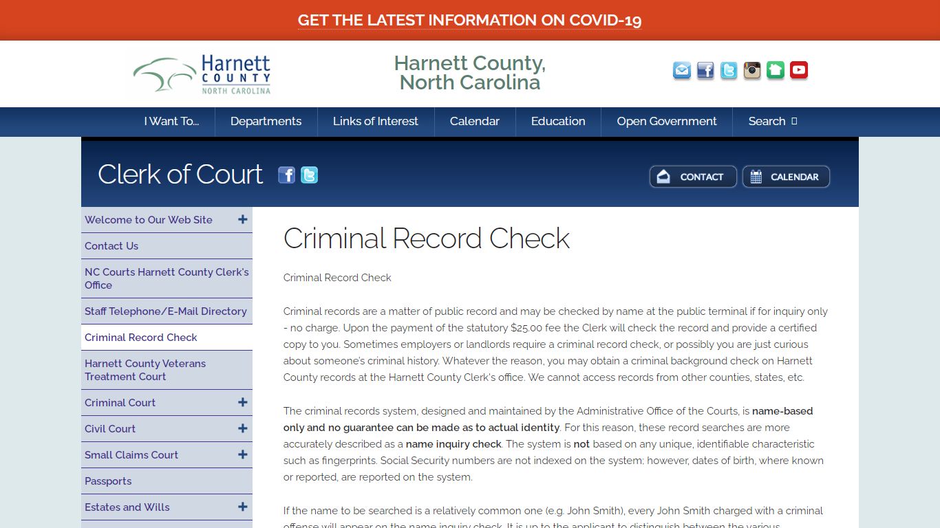 Harnett County, Clerk of Superior Court, Criminal record Check